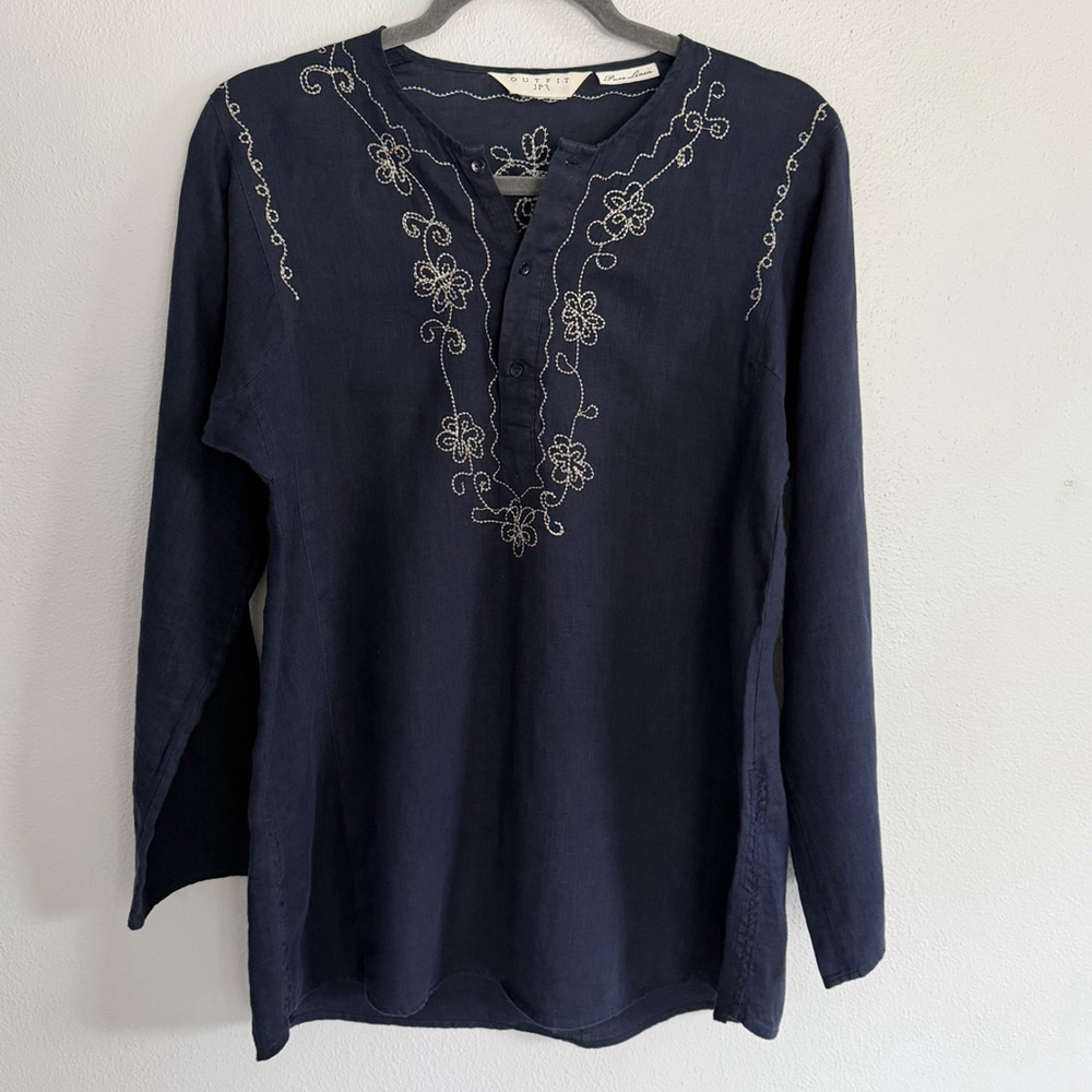 Pure Linen Embroidered Blouse Womens M Blue Long Sleeve Boho Top Cottagecore